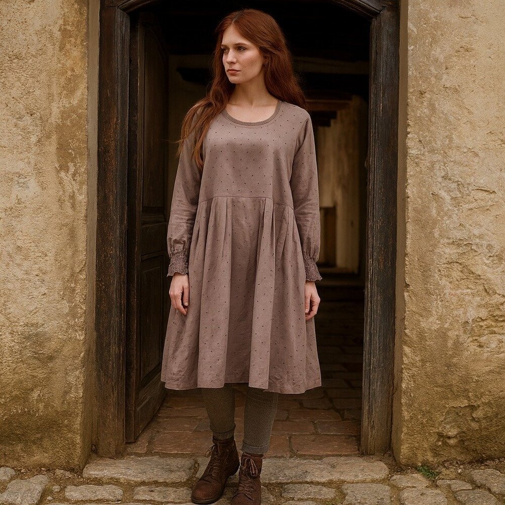 Les Ours Old World Cottagecore Women Boho Cotton Dress Long Sleeve Short Taupe